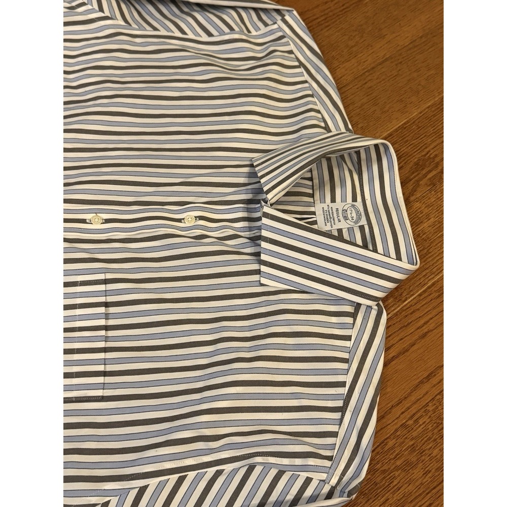 Brooks Brothers Regular Non-Iron Supima Grey White Blue Stripe Shirt 17.5-34